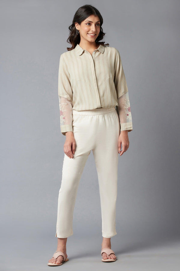 Beige Textured Shirt With Embroidered Sleeves