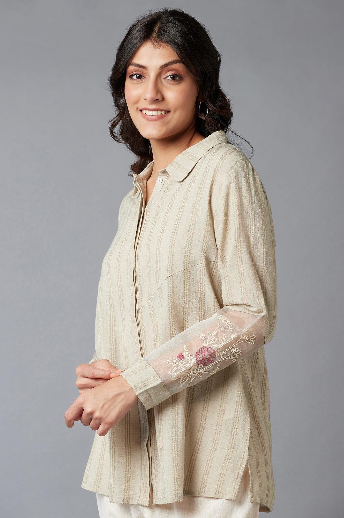Beige Textured Shirt With Embroidered Sleeves - wforwoman