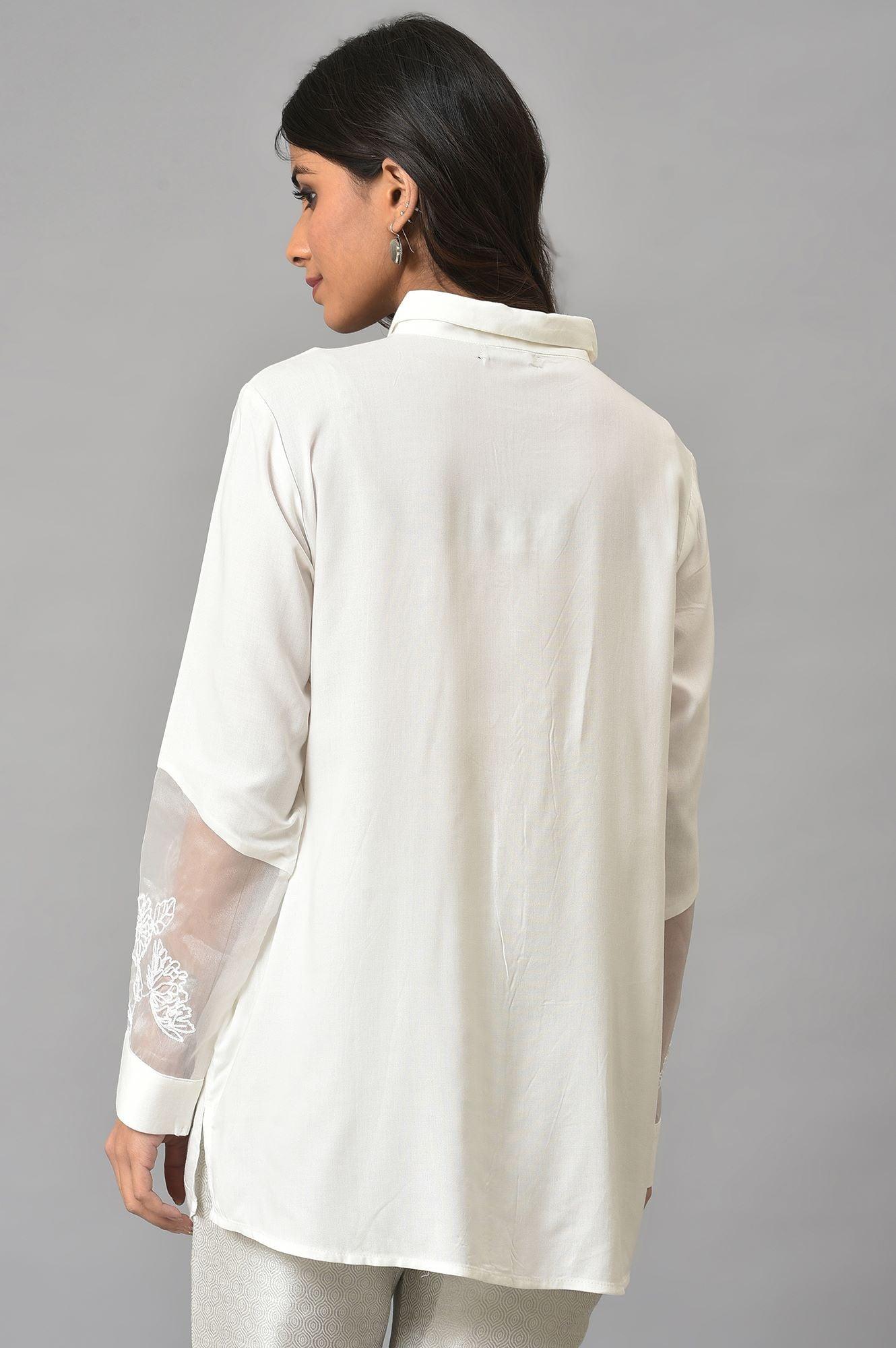 White Panelled Shirt With Embroidered Organza Sleeves - wforwoman