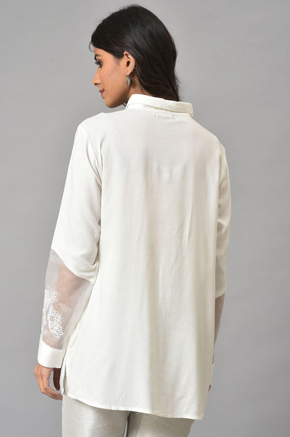 White Panelled Shirt With Embroidered Organza Sleeves - wforwoman