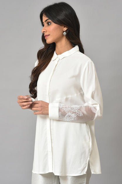 White Panelled Shirt With Embroidered Organza Sleeves - wforwoman