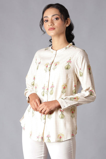 Ecru High-Low Shirt With Floral Print And Mandarin Collar