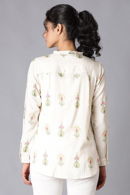 Ecru High-Low Shirt With Floral Print And Mandarin Collar