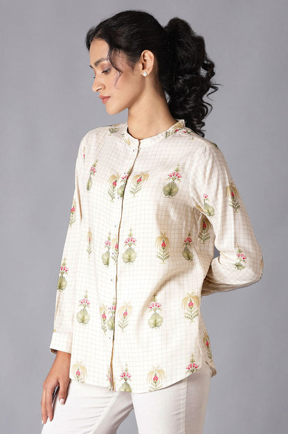 Ecru High-Low Shirt With Floral Print And Mandarin Collar
