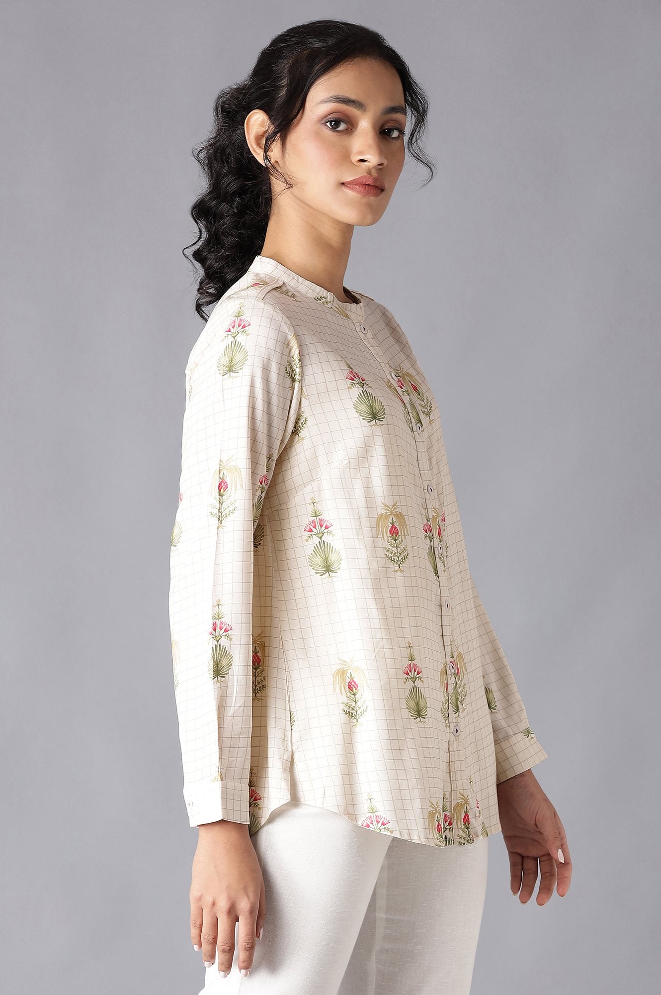 Ecru High-Low Shirt With Floral Print And Mandarin Collar