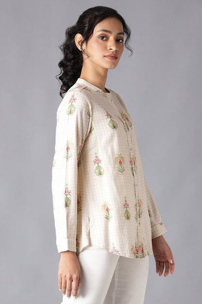 Ecru High-Low Shirt With Floral Print And Mandarin Collar