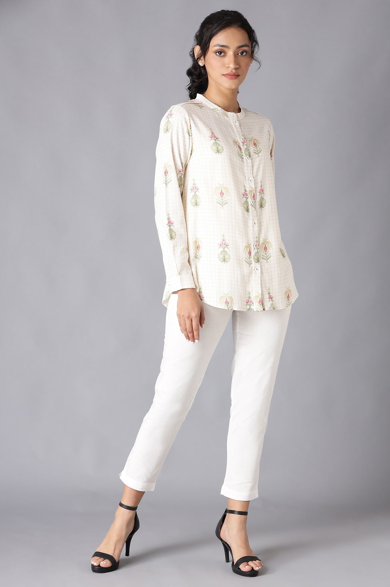 Ecru High-Low Shirt With Floral Print And Mandarin Collar