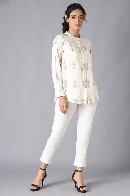 Ecru High-Low Shirt With Floral Print And Mandarin Collar