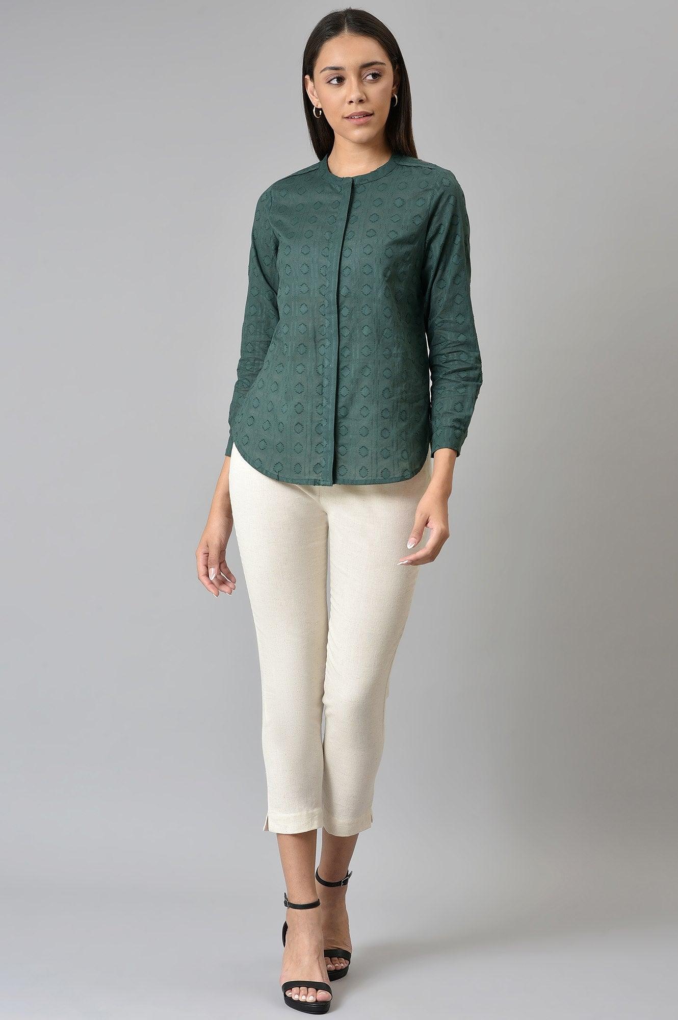 Dark Green Cotton Dobby Textured Shirt In Mandarin Collar - wforwoman