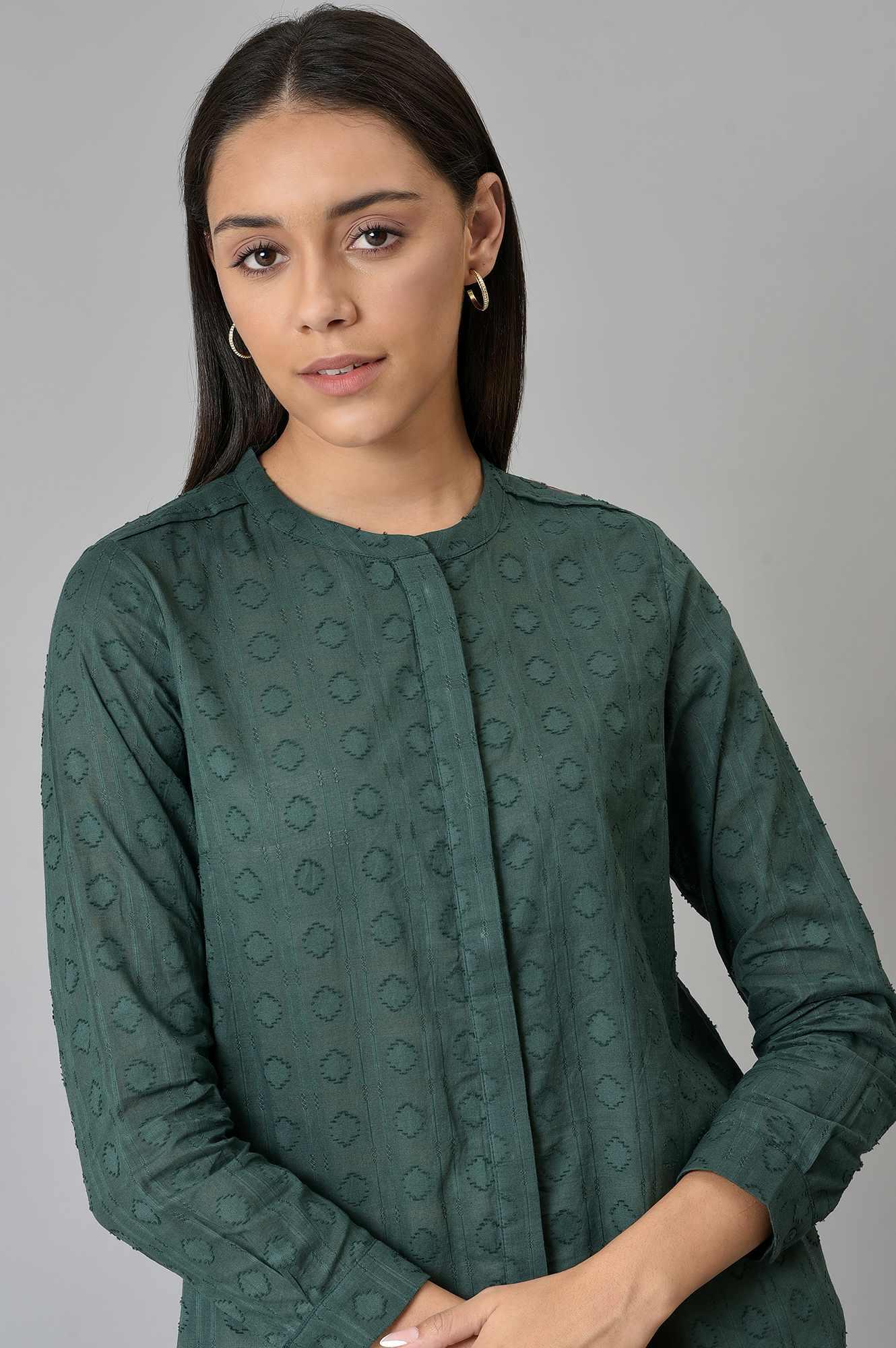 Dark Green Cotton Dobby Textured Shirt In Mandarin Collar - wforwoman