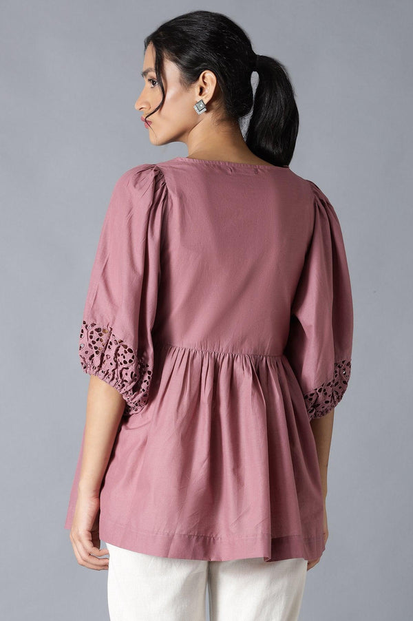 Pink Gathered Schiffli Top In Round Neck