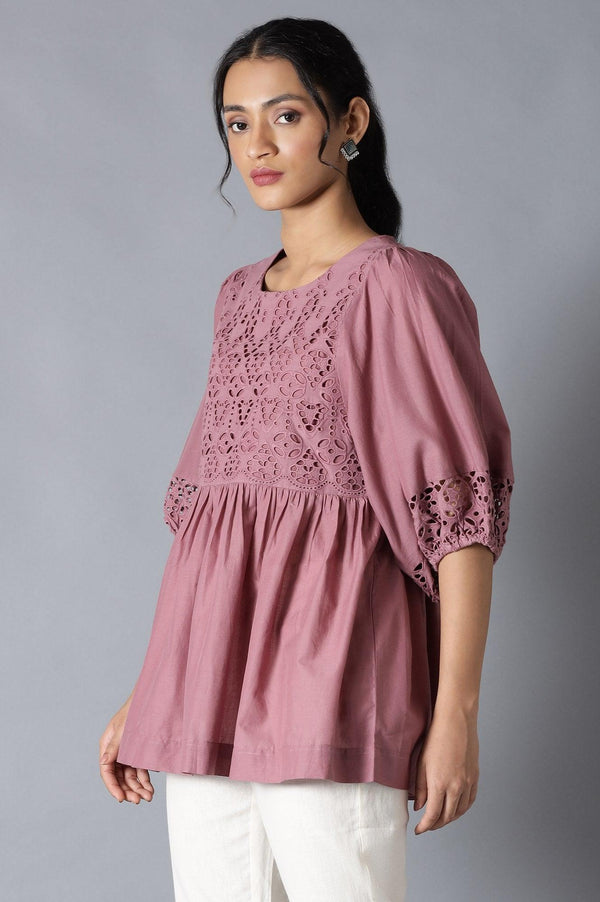 Pink Gathered Schiffli Top In Round Neck