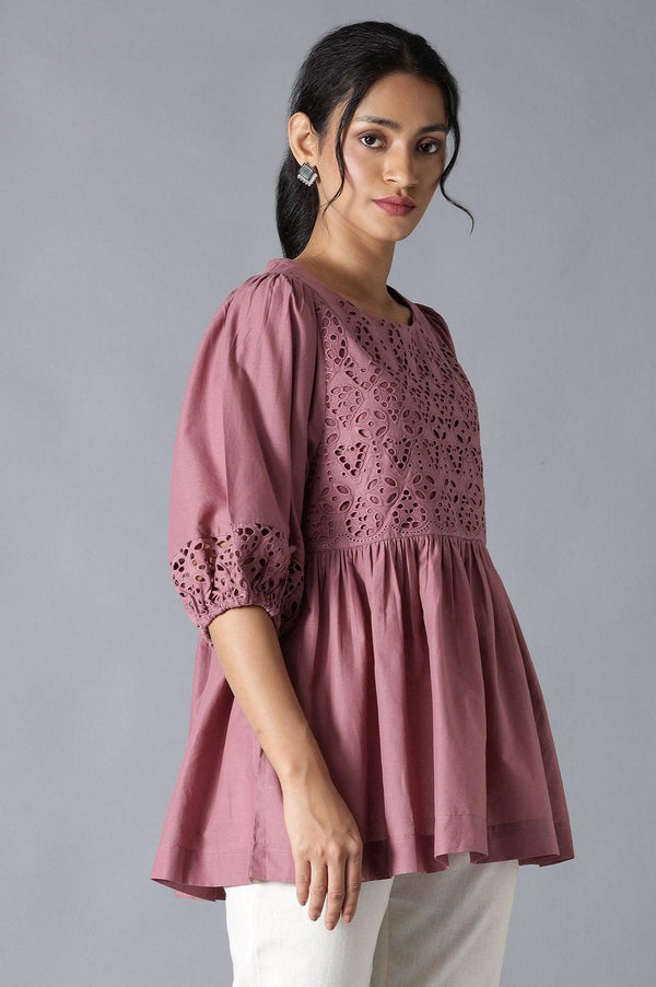 Pink Gathered Schiffli Top In Round Neck