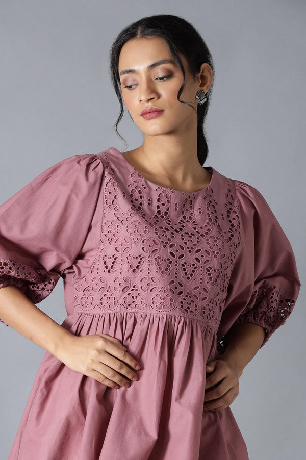Pink Gathered Schiffli Top In Round Neck