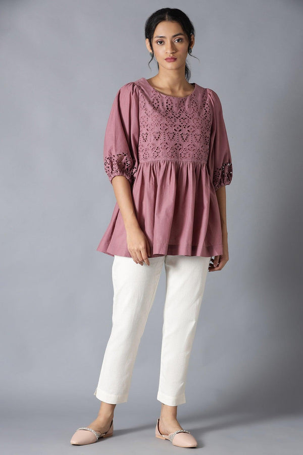 Pink Gathered Schiffli Top In Round Neck