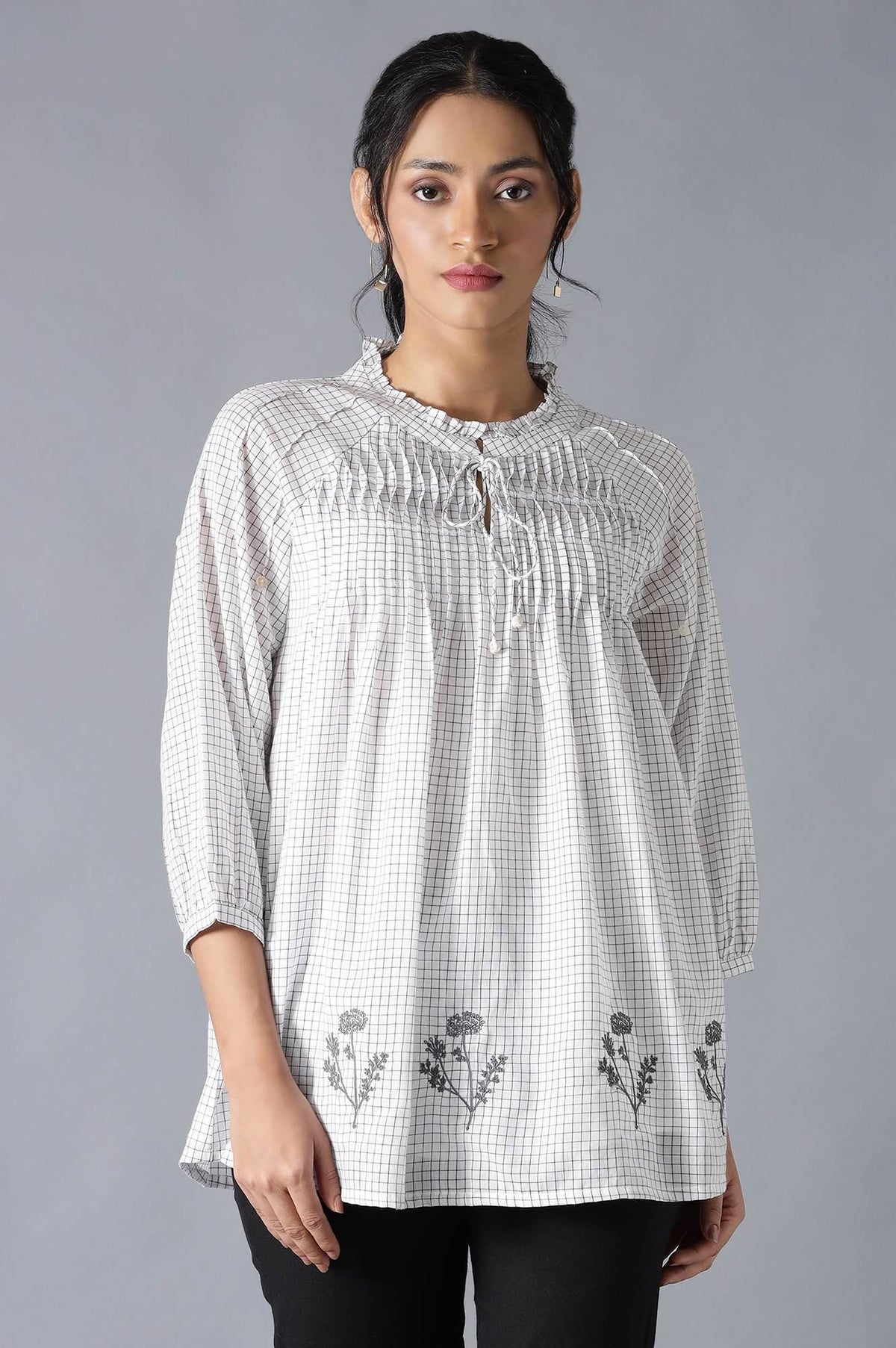 Ecru Cotton Dobby Top With Neck Tie And Embroidery - XS