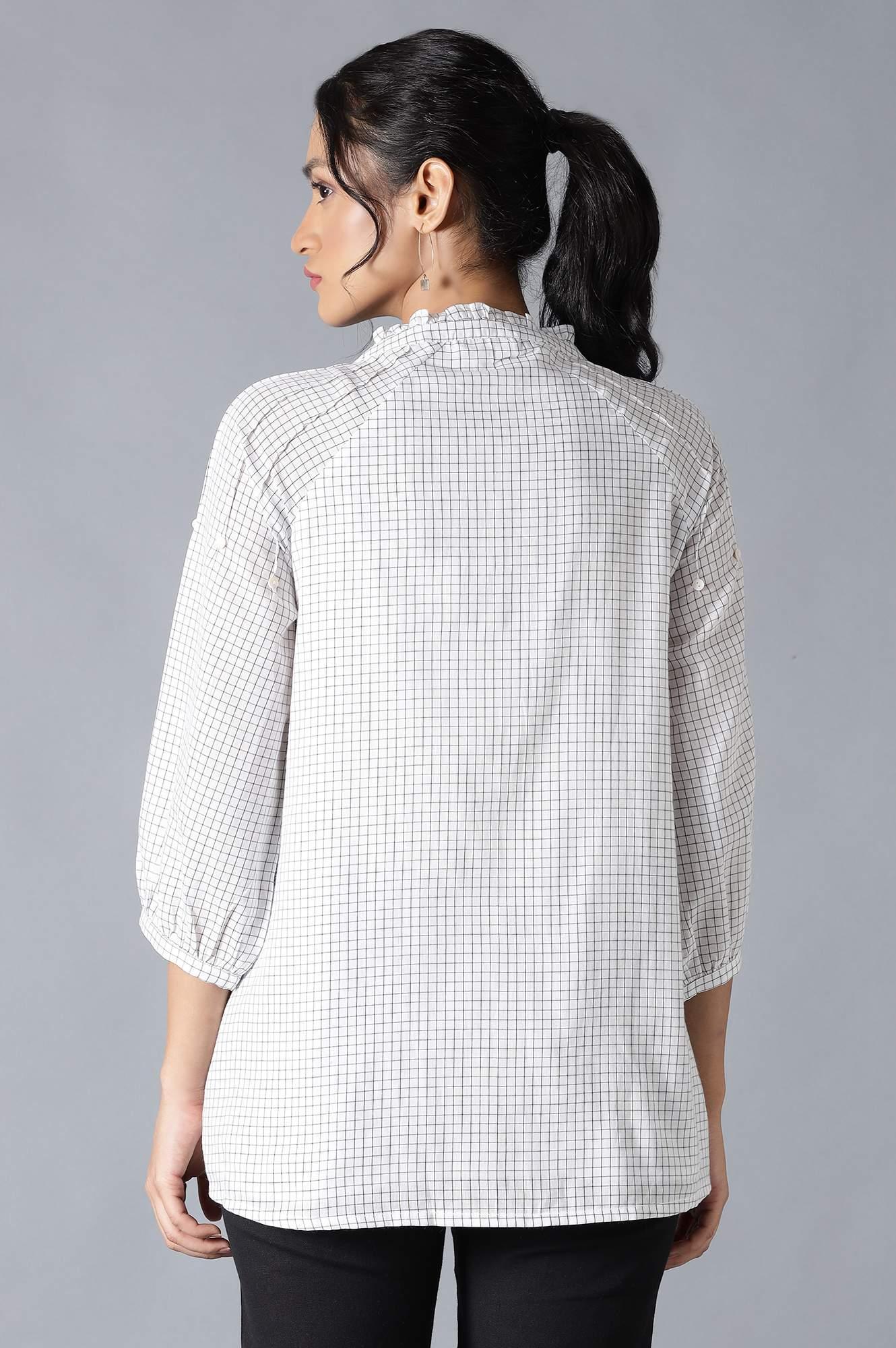 Ecru Cotton Dobby Top With Neck Tie And Embroidery - wforwoman