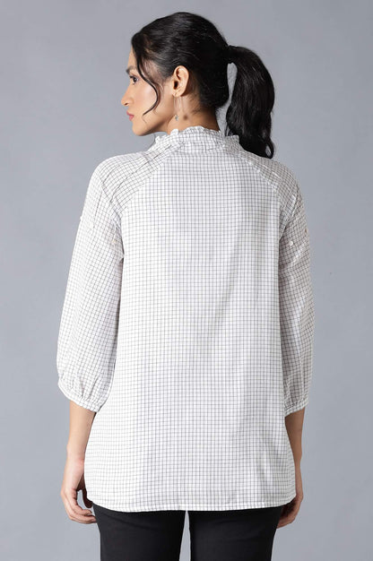 Ecru Cotton Dobby Top With Neck Tie And Embroidery - wforwoman