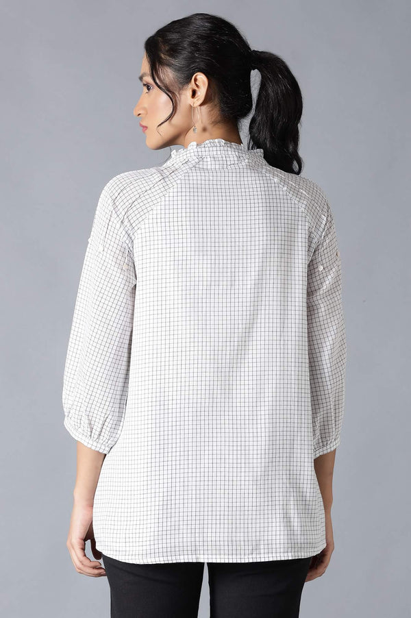 Ecru Cotton Dobby Top With Neck Tie And Embroidery