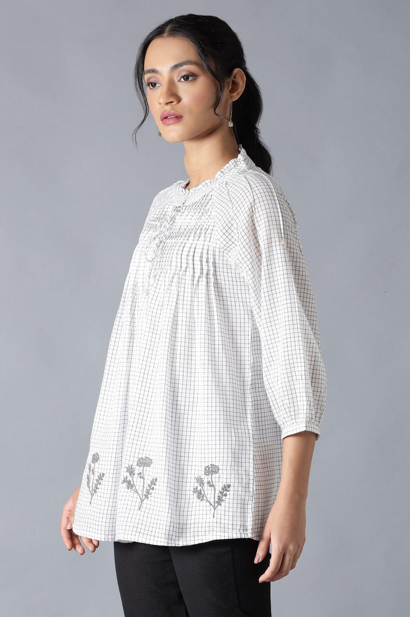 Ecru Cotton Dobby Top With Neck Tie And Embroidery - wforwoman