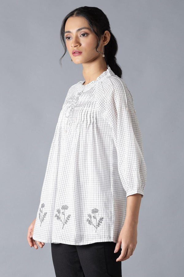 Ecru Cotton Dobby Top With Neck Tie And Embroidery