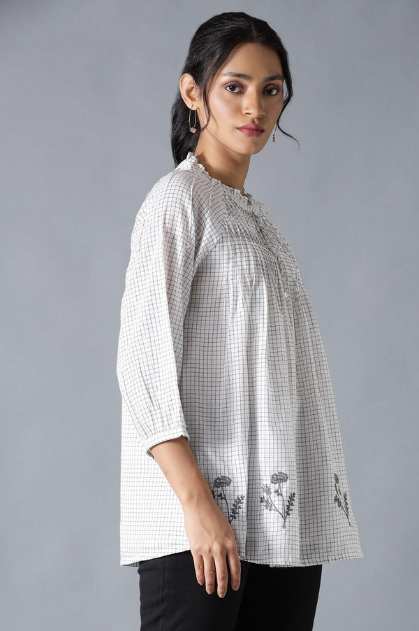 Ecru Cotton Dobby Top With Neck Tie And Embroidery