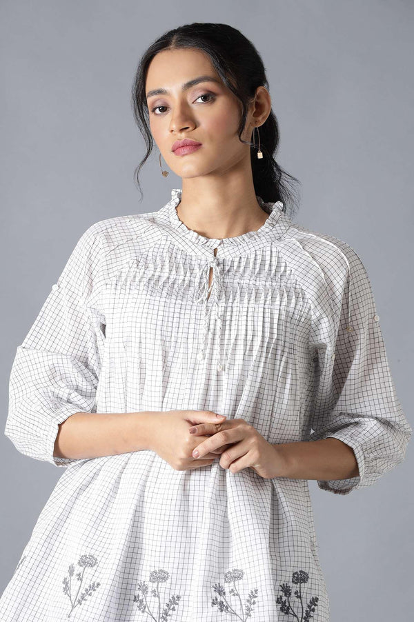 Ecru Cotton Dobby Top With Neck Tie And Embroidery