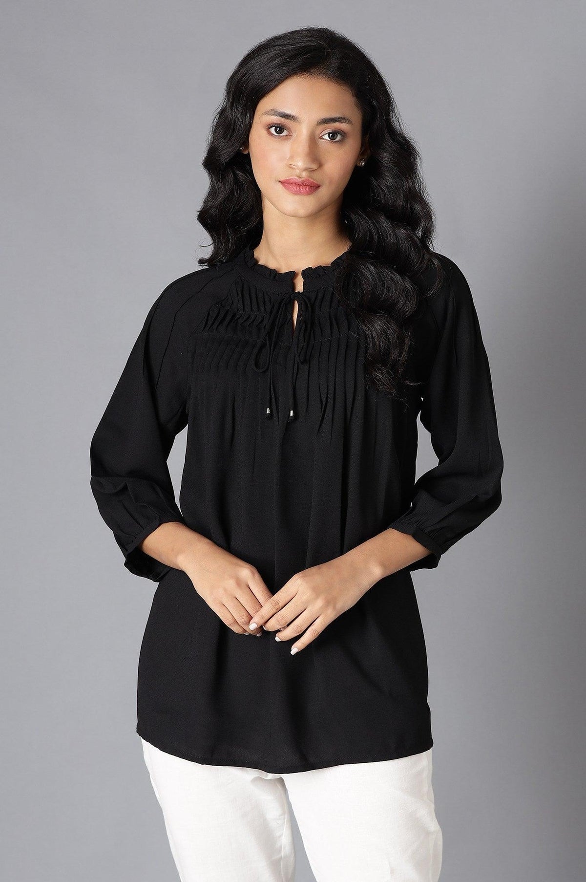 Black A-Line Pleated Top With Tie-Up Neck - XS