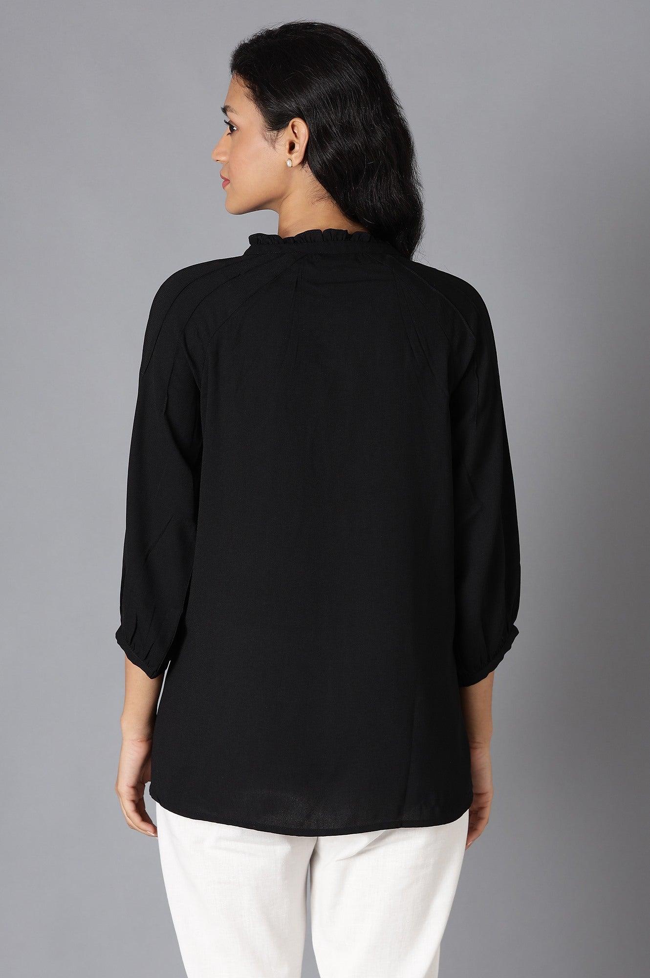 Black A-Line Pleated Top With Tie-Up Neck - wforwoman
