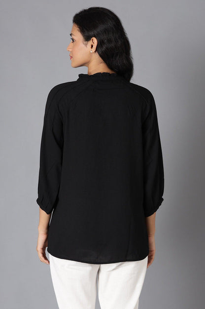 Black A-Line Pleated Top With Tie-Up Neck - wforwoman