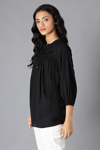 Black A-Line Pleated Top With Tie-Up Neck - wforwoman