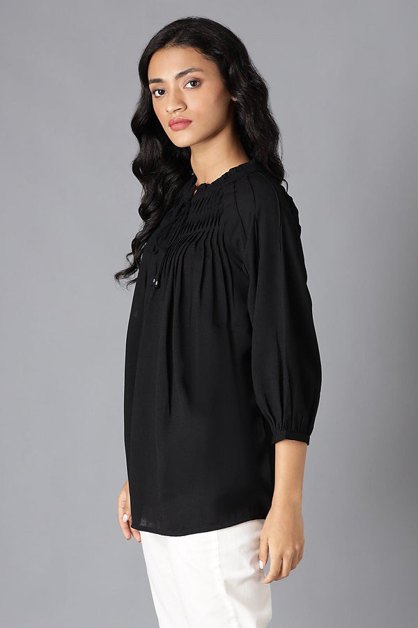 Black A-Line Pleated Top With Tie-Up Neck