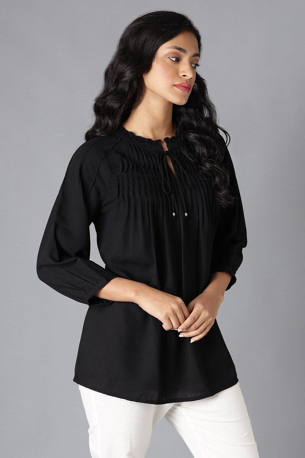 Black A-Line Pleated Top With Tie-Up Neck