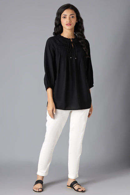 Black A-Line Pleated Top With Tie-Up Neck - wforwoman