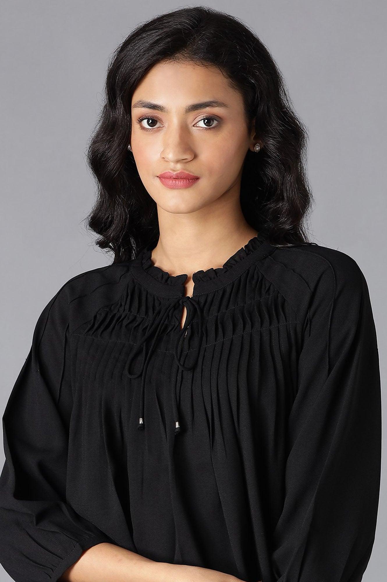 Black A-Line Pleated Top With Tie-Up Neck - wforwoman
