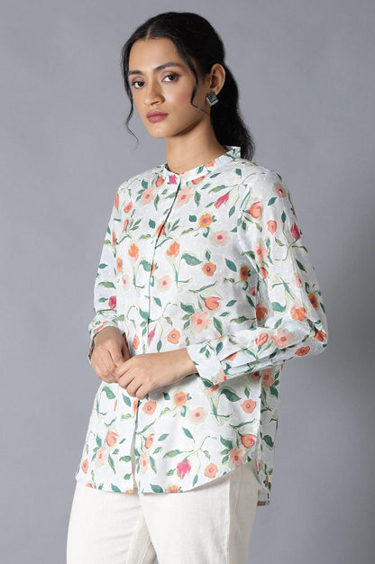 Light Blue Textured Cotton Top In Mandarin Collar - wforwoman