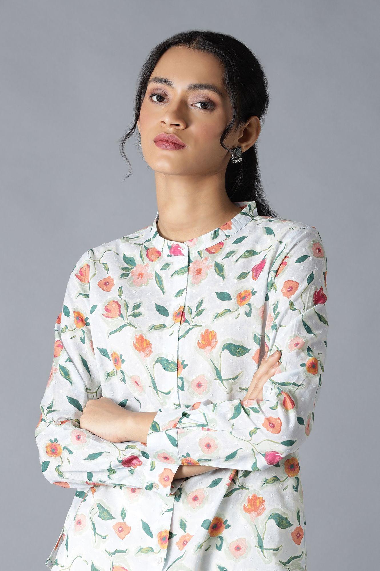 Light Blue Textured Cotton Top In Mandarin Collar - wforwoman