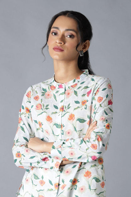 Light Blue Textured Cotton Top In Mandarin Collar - wforwoman