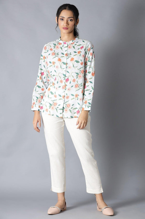 Light Blue Textured Cotton Top In Mandarin Collar