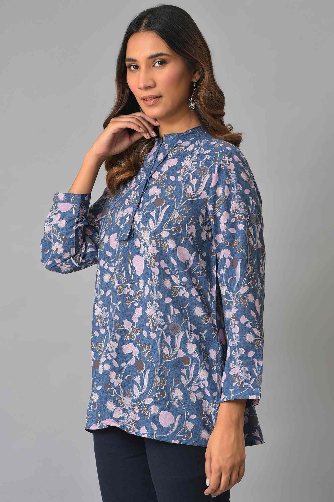 Blue Floral Print Cotton Top In Mandarin Collar