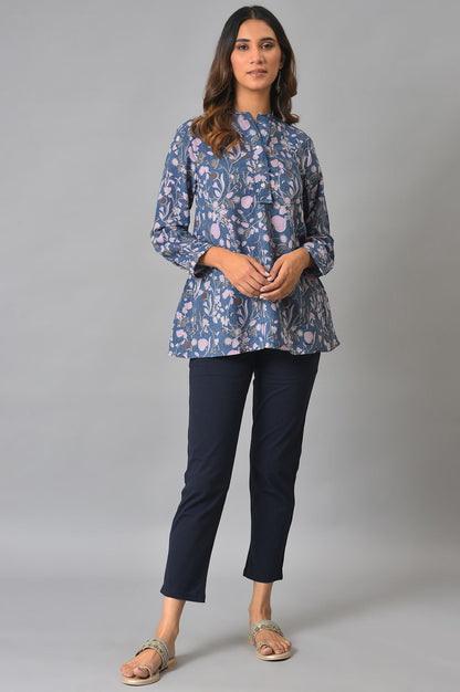 Blue Floral Print Cotton Top In Mandarin Collar