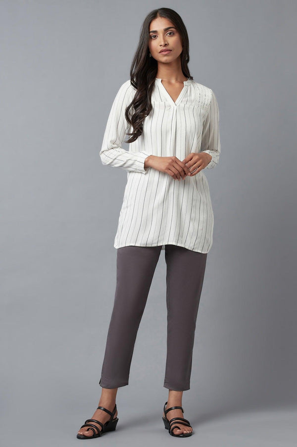 Ecru Stripe Print Western Top In Collared-V Neck