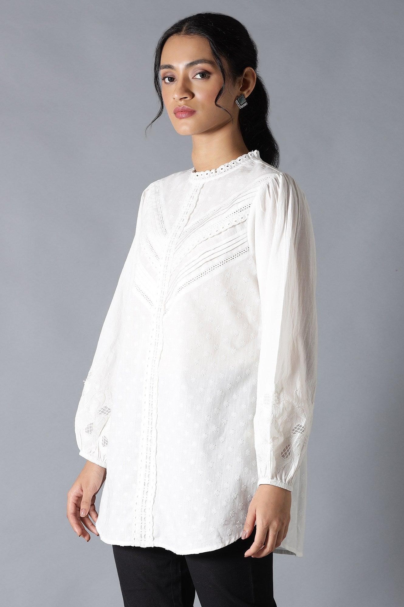 White Top With Lace And Applique Embroidered Sleeves - wforwoman