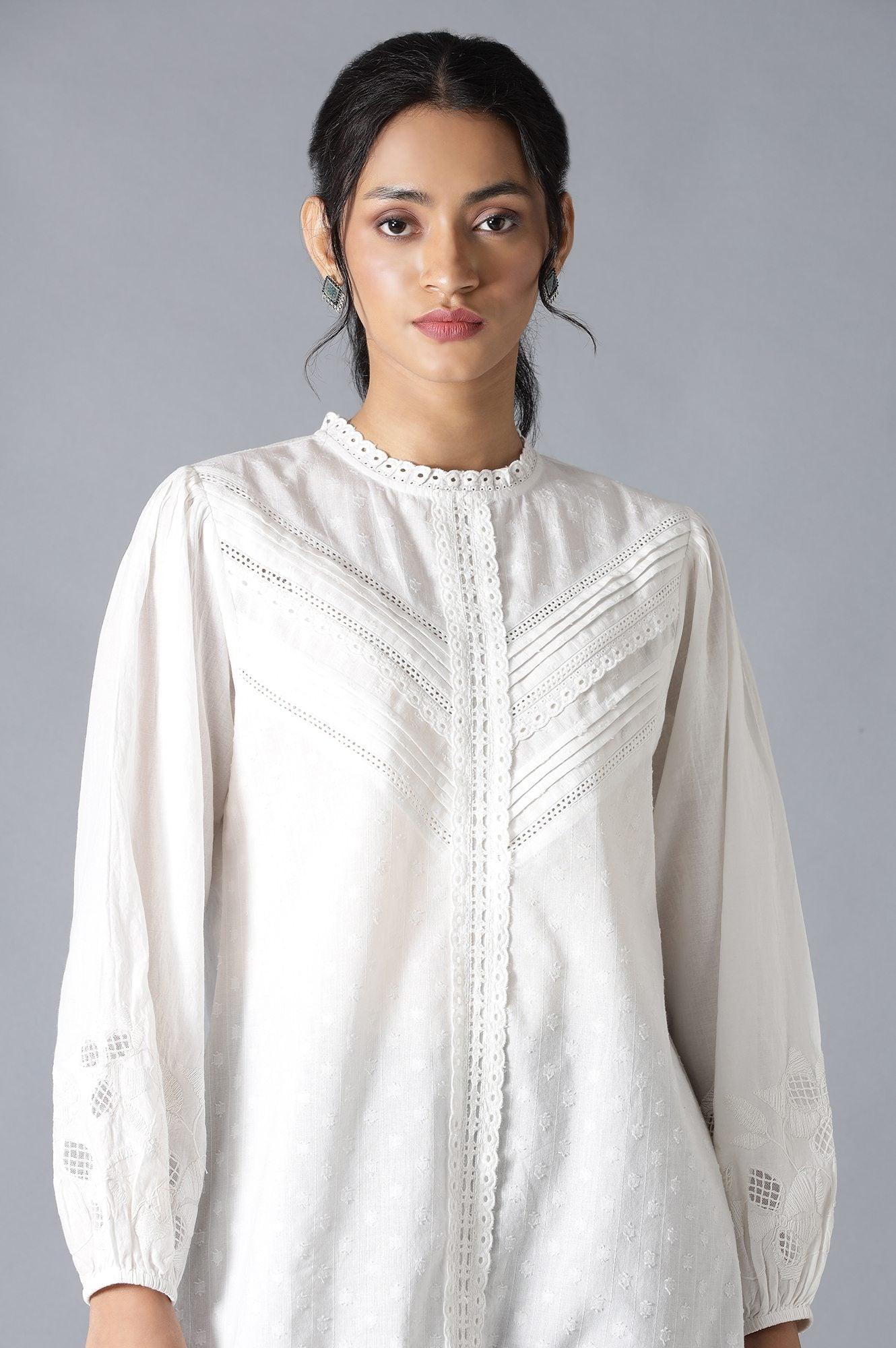 White Top With Lace And Applique Embroidered Sleeves - wforwoman