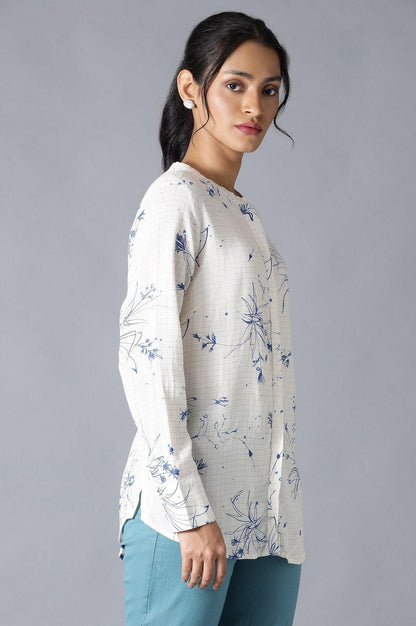 Ecru And Blue Floral Print Shirt - wforwoman
