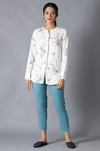 Ecru And Blue Floral Print Shirt - wforwoman