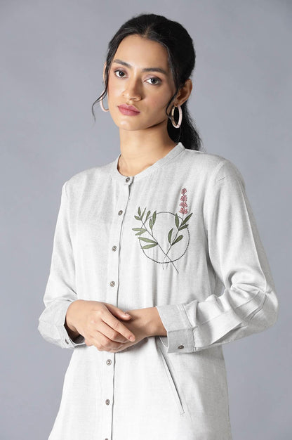 Light Grey Yarn-Dyed Tunic With Thread Embroidery In Mandarin Neck - wforwoman