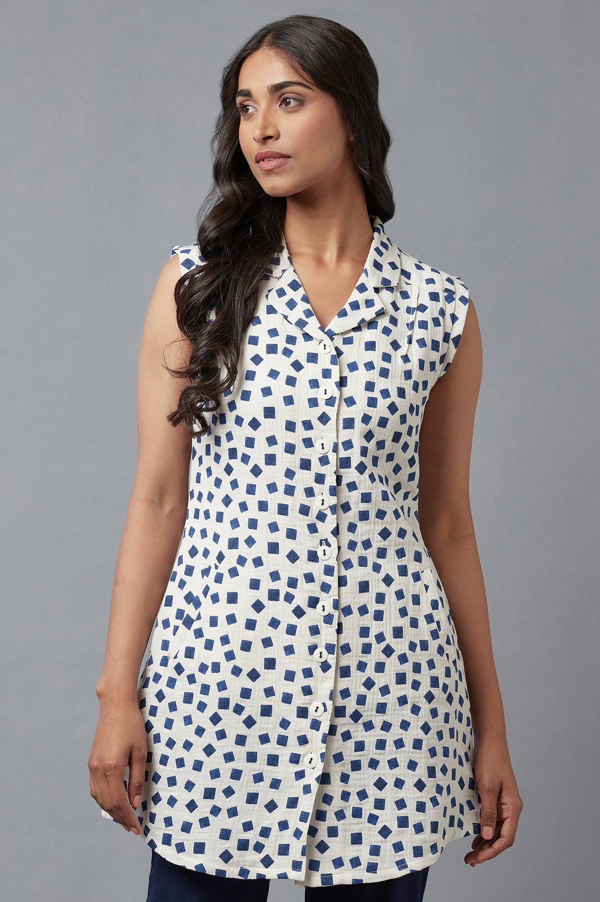 Ecru And Blue Printed Lapel Collar Cotton Tunic - XS