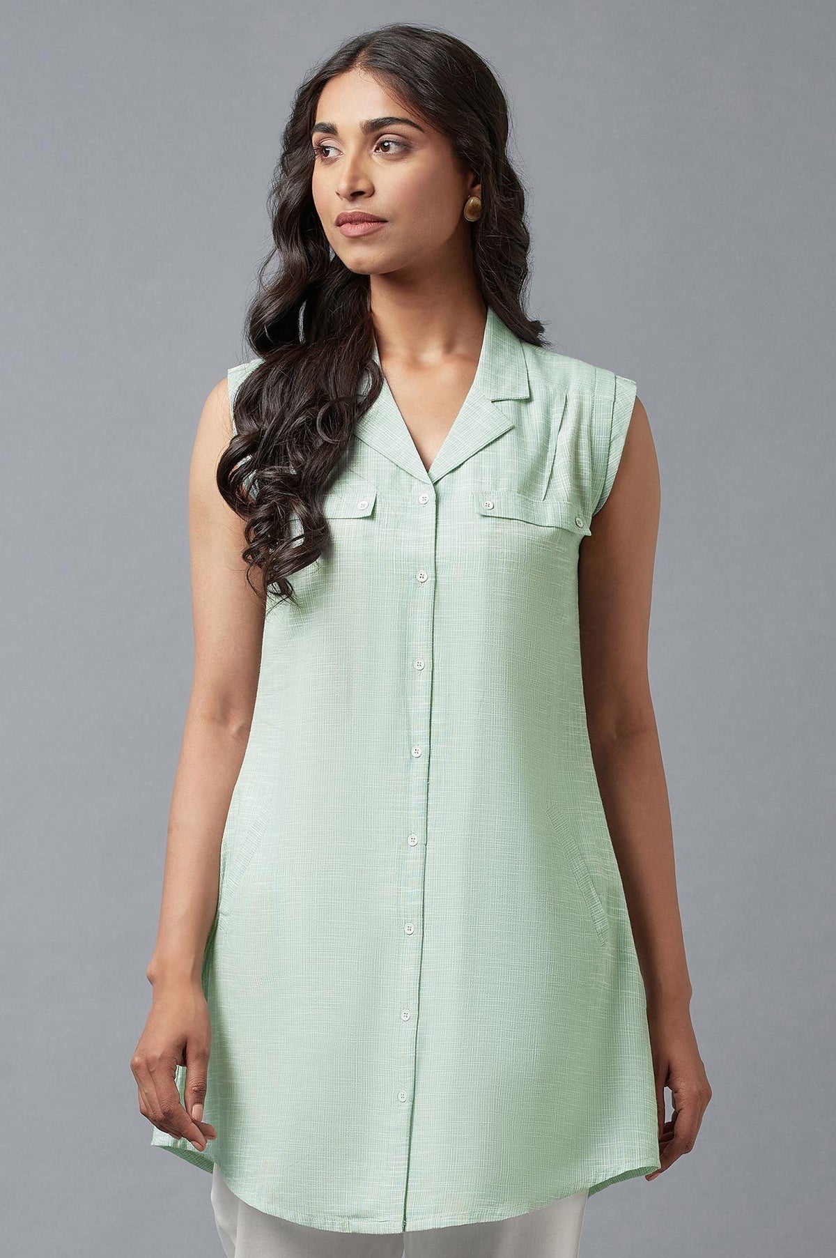 Light Green And Ecru Stripe Print Cotton Sleeveless Tunic - XS