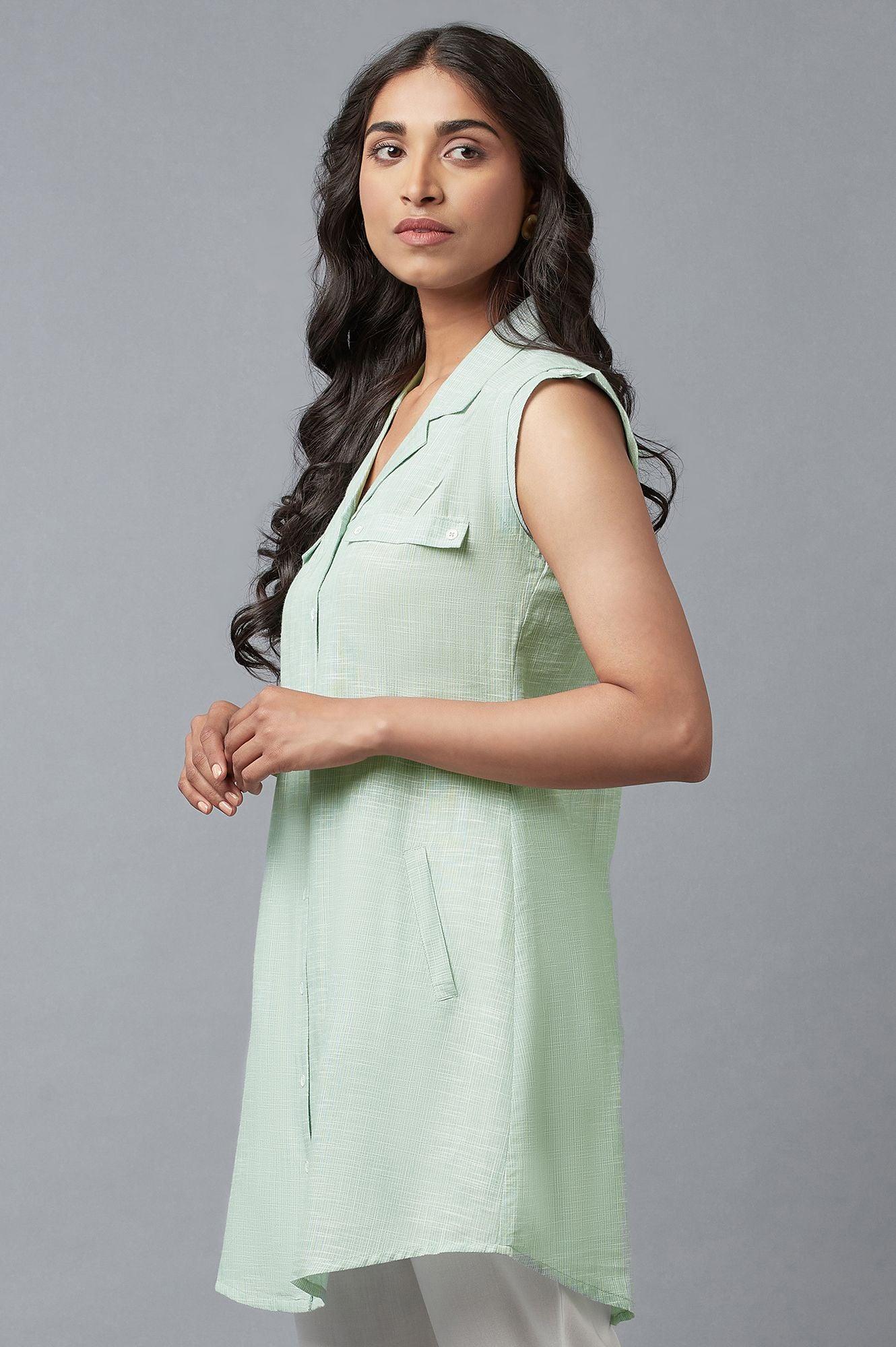 Light Green And Ecru Stripe Print Cotton Sleeveless Tunic - wforwoman